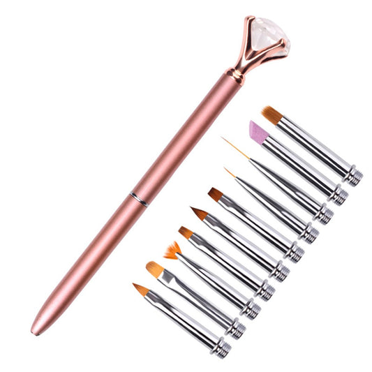 Full Functioning Nail Art Brushes Pen Quartz Rhinestone Gold Silver Handle Design Replaceable Nail Special Crystal Pens Kit