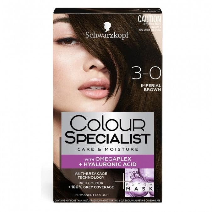 Schwarzkopf Colour Specialist Permanent Hair Colour, First At-Home Hair Colour with Omegaplex Anti-Breakage Technology, powered by Hyaluronic Acid for shinier hair, 3.0 Imperial Brown, 165ml