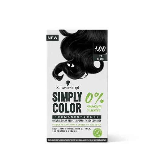 Schwarzkopf Simply Color Permanent Hair Colour, 0% Ammonia & Silicone for Natural Color Results, Dermatologist Tested hair colour with PPD & PTD Free formulation, 1.00 Jet Black, 142.5ml