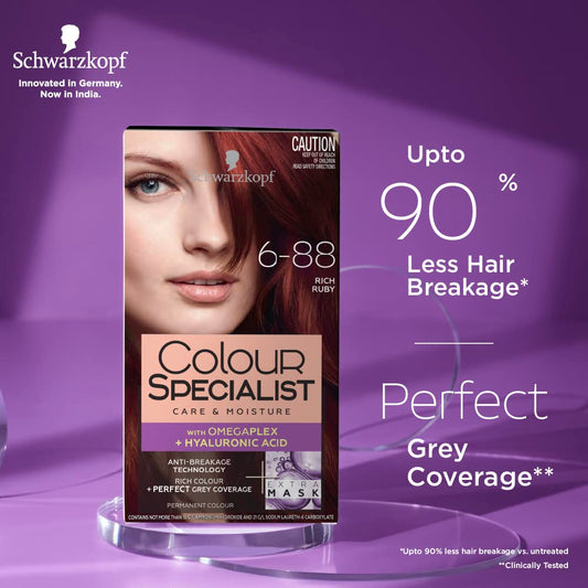 Schwarzkopf Colour Specialist Permanent Hair Colour, First At-Home Hair Colour with Omegaplex Anti-Breakage Technology, powered by Hyaluronic Acid for shinier hair, 6.88 Rich Ruby, 165ml