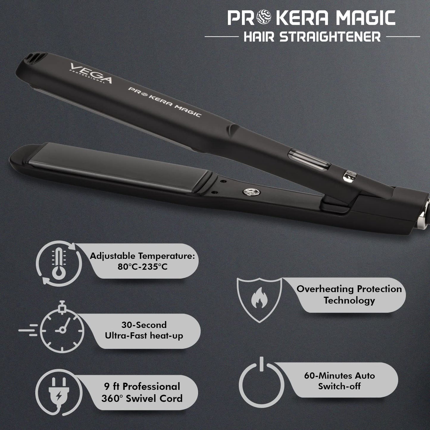 VEGA PROFESSIONAL Pro Kera Magic Hair Straightener With Extra Long Tourmaline Ceramic Floating Plates, 30 Secs Ultra Fast Heat Up & Adjustable Temperature, (Vpphs-04), Black