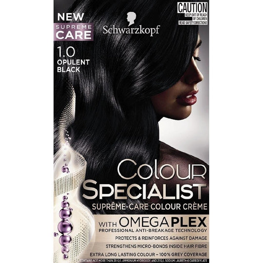 Schwarzkopf Colour Specialist Permanent Hair Colour, First At-Home Hair Colour with Omegaplex Anti-Breakage Technology, powered by Hyaluronic Acid for shinier hair, 1.0 Opulent Black, 165ml