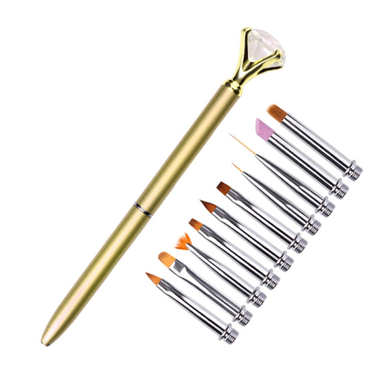 Full Functioning Nail Art Brushes Pen Quartz Rhinestone Gold Silver Handle Design Replaceable Nail Special Crystal Pens Kit