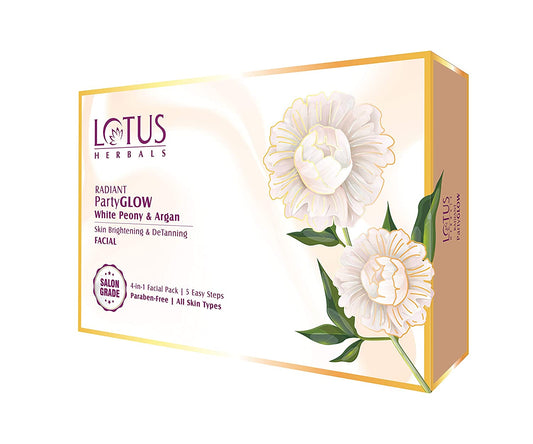 Lotus Herbals Radiant PartyGLOW White Peony & Argan Oil Detanning Facial Kit | 5 Easy Steps | Paraben Free | Salon Grade | All Skin Types | Pack of 4 | 228g