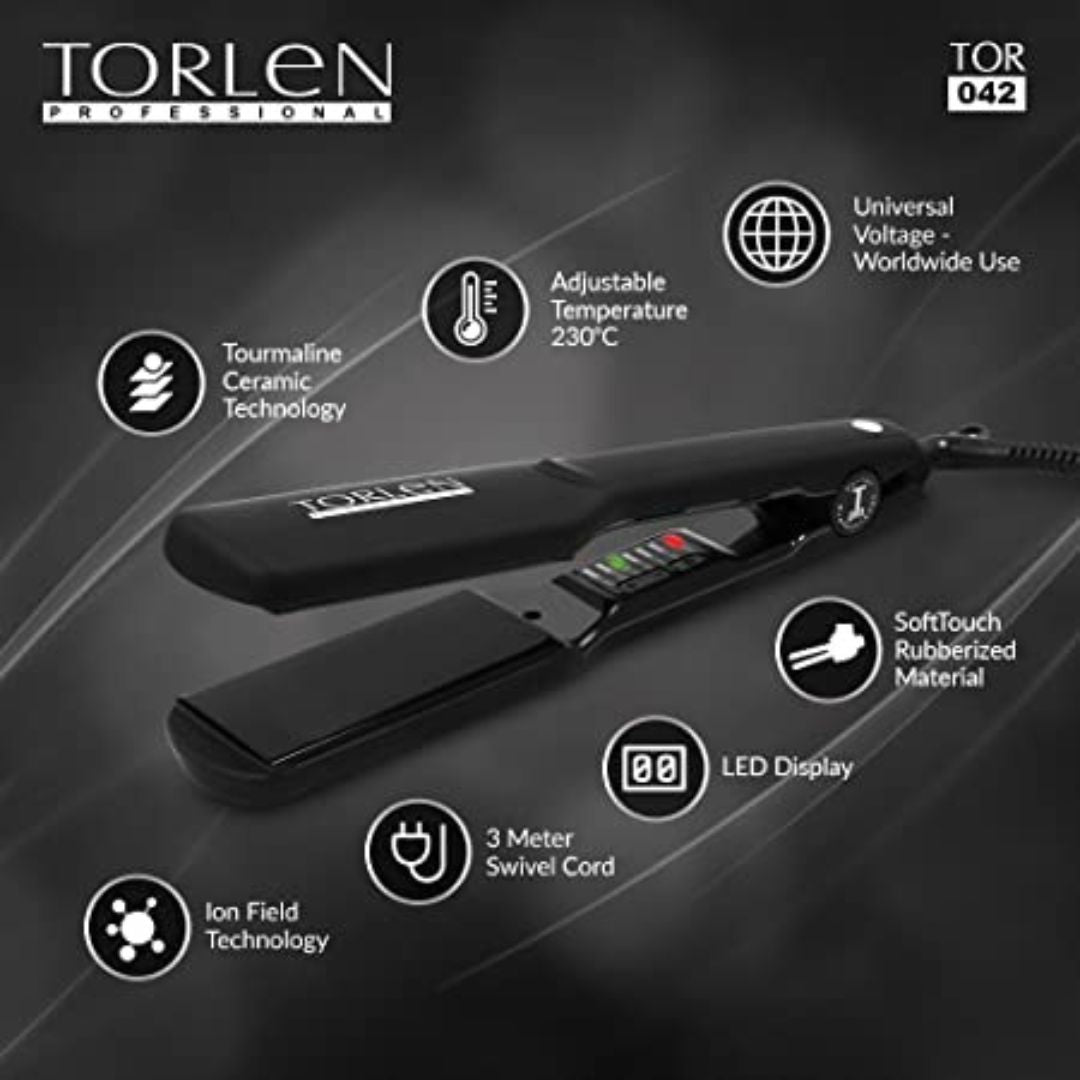 TORLEN PROFESSIONAL TOR 042 Flat Hair Straightener with Ceramic Technology n Temperature Controller/Wide Plates Straightening Iron for Women, Black