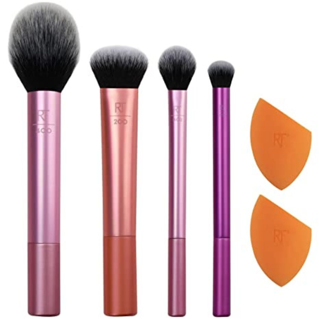 REAL TECHNIQUES Makeup Brush Set with 2 Sponge Blenders for Eyeshadow, Foundation, Blush, and Concealer, Set of 6, Assorted