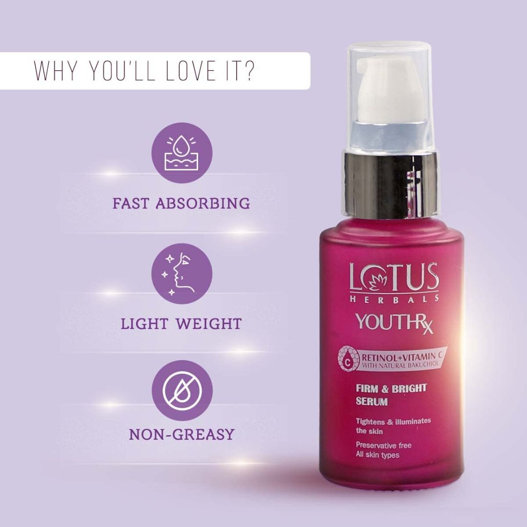 Lotus Herbals YouthRx Firm & Bright Face Serum | Bakuchiol Retinol & Vitamin C | Anti Ageing & Brightening | 30ml