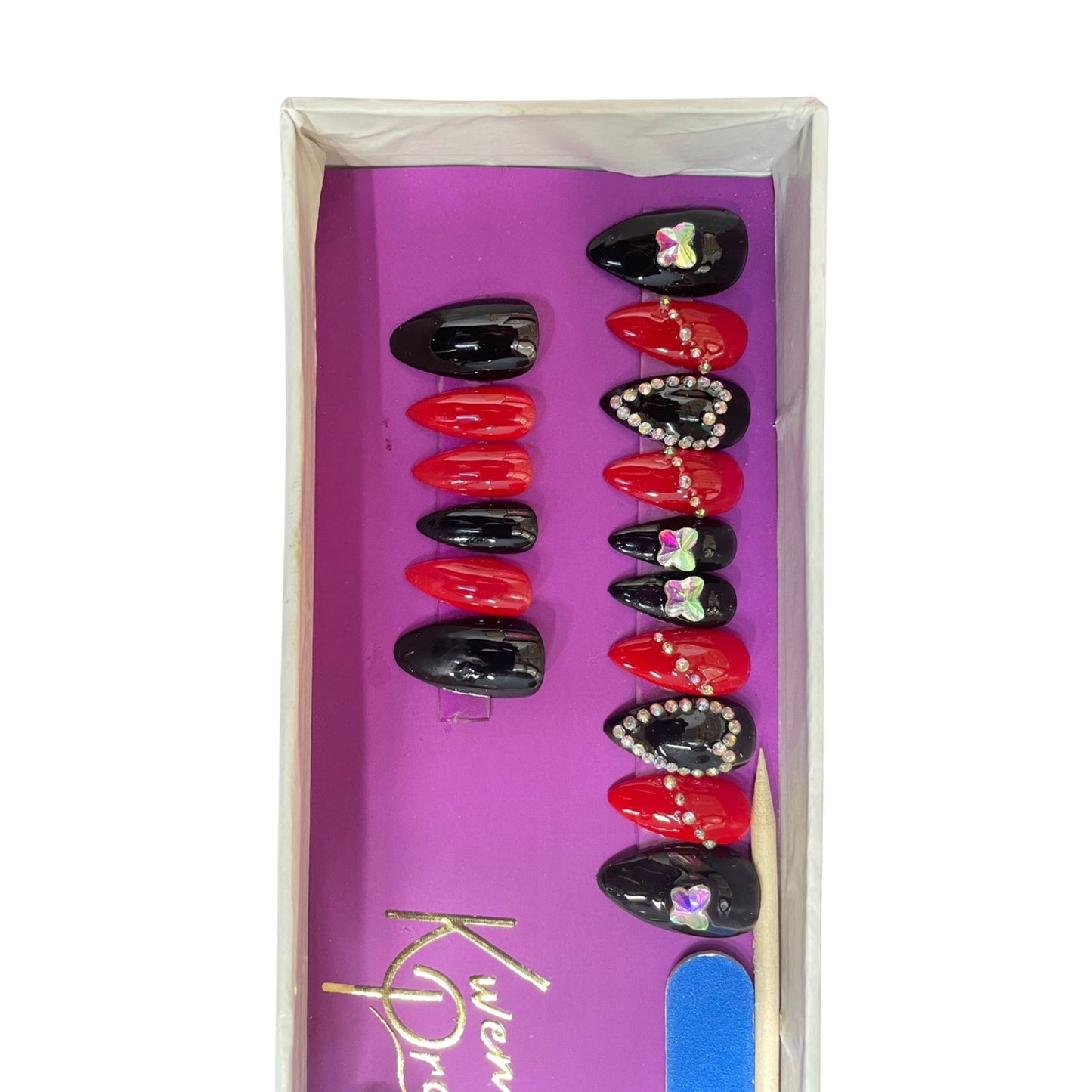 Kwen Pro Gorgeous Nail Extension Black AND Red with Heart Design Color.