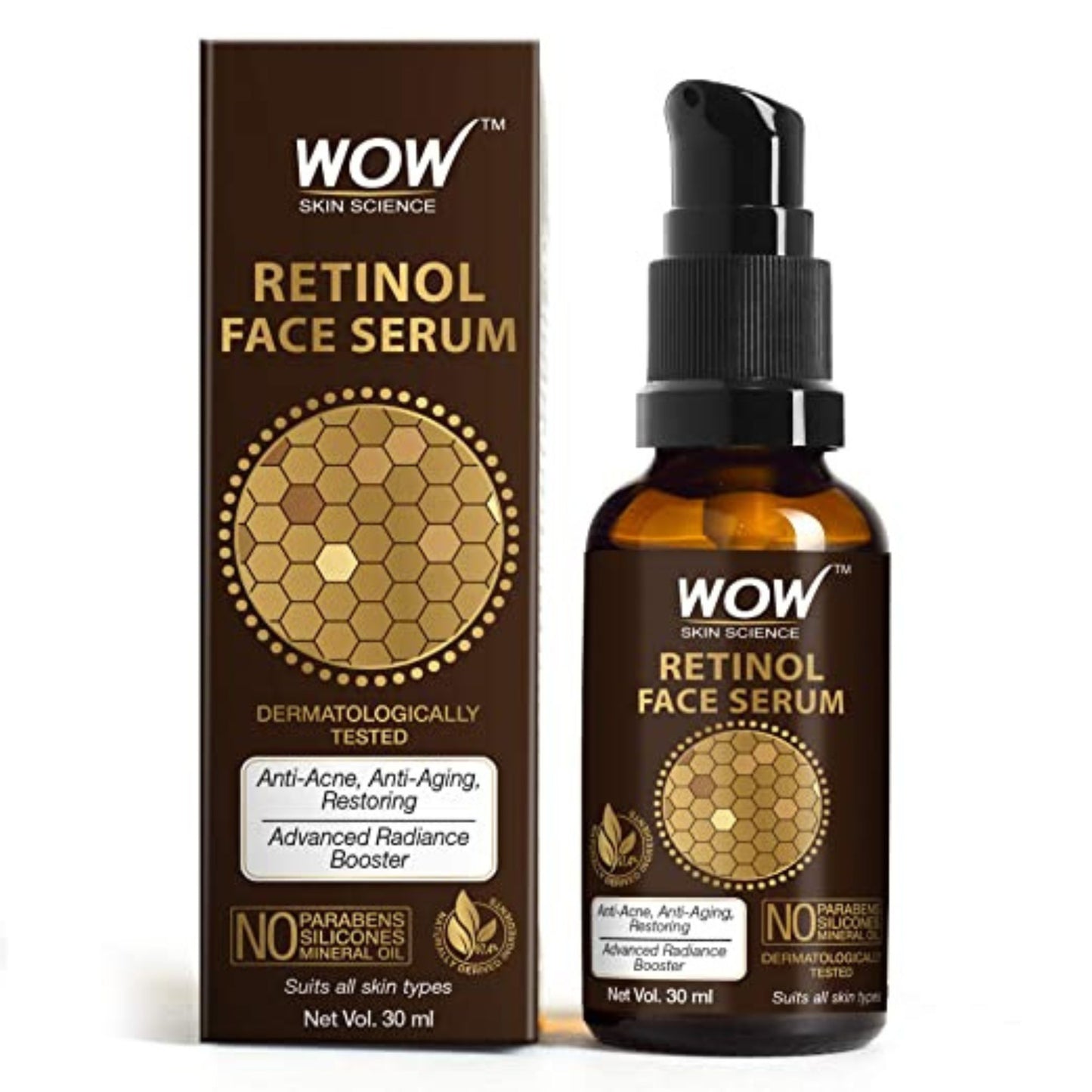 WOW Skin Science Retinol Face Serum - OIL FREE - Skin Plumping, Boost Collagen, Anti Acne, Anti Aging, Restoration - No Parabens, Silicones & Mineral Oil - 30mL