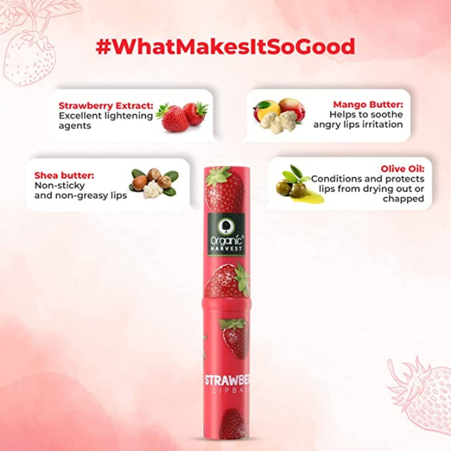 Organic Harvest Strawberry Flavour Lip Balm Enriched With Vitamin E & Benefits Of Mango Butter, For Dark Lips to Lighten, Lip Care for Dry & Chapped Lips, 100% Organic, Paraben & Sulphate Free - 3gm